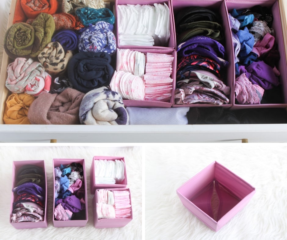 Use canvas or fabric boxes such as Ikea SKUBB box set