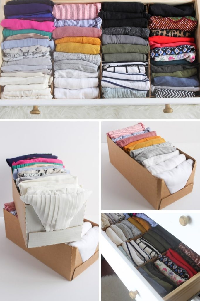 Product packaging and grocery boxes used as clothes storage 