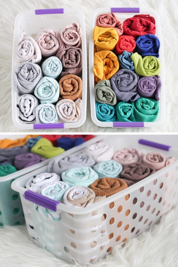 Use cheap plastic bins and baskets for camis and vests 