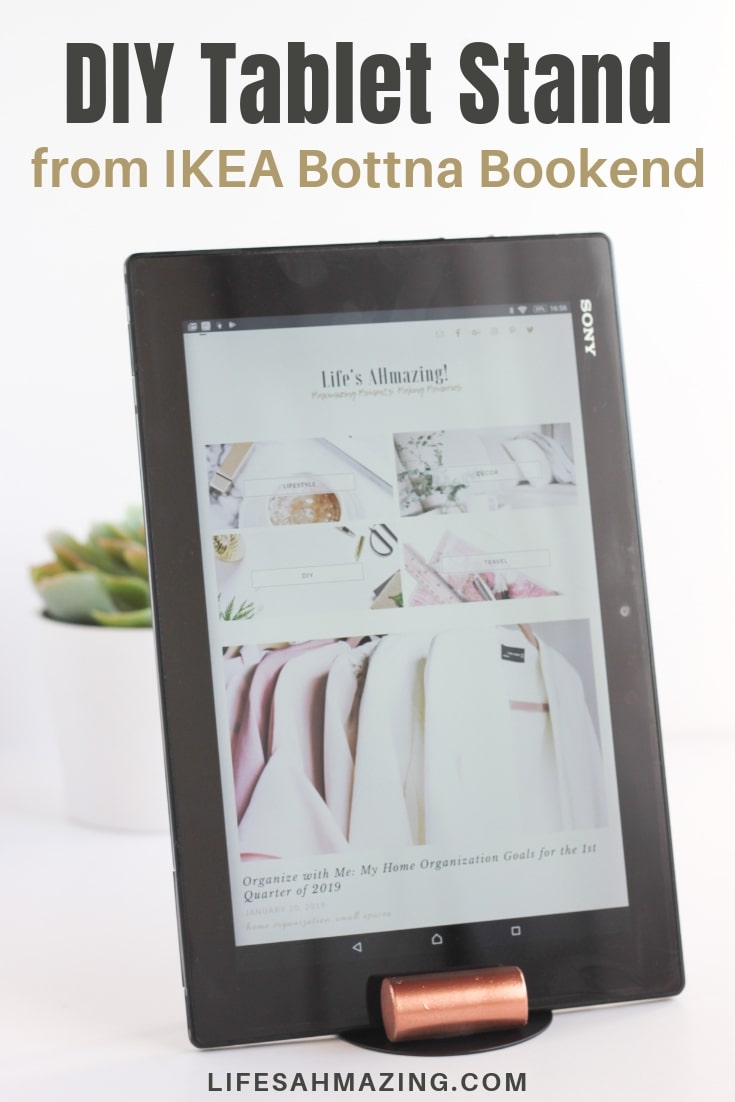 Make this super easy DIY Tablet Stand from an Ikea Bottna Bookend. #diyproject #diyhomedecor #ikeahack