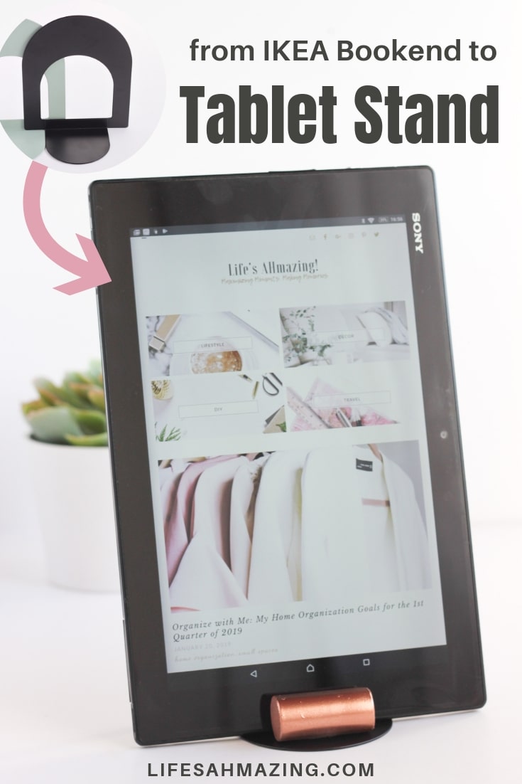 Make this super easy DIY Tablet Stand from an Ikea Bottna Bookend. 4 materials and less than 10 minutes are all you need for this easy #diyproject. #diyhomedecor #ikeahack