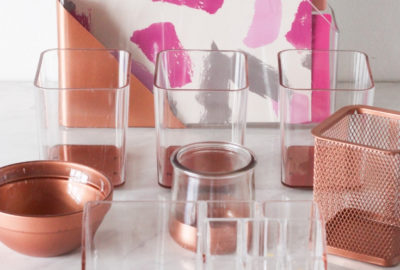 DIY Copper Desk Accessories for a chic and stylish feminine office and workspace: Give your existing desk supplies and accessories an instant chic upgrade with a can of copper spray paint.