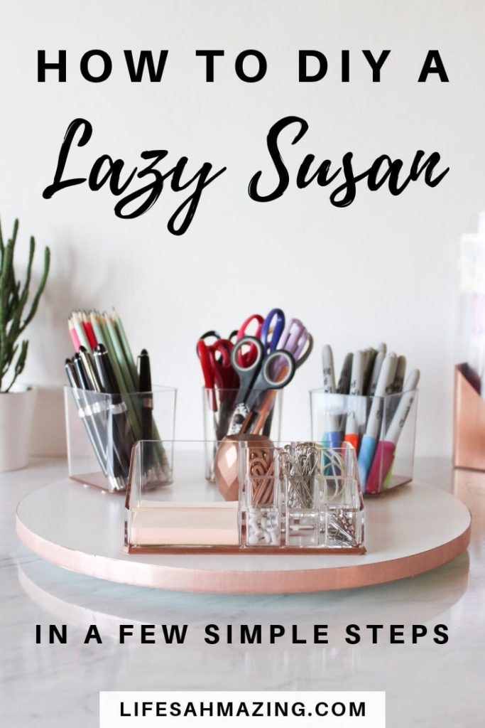 How to make an easy DIY Lazy Susan using a wooden cutting board to organize your desk supplies. #diydecor #organization #homedecor #homeorganisation
