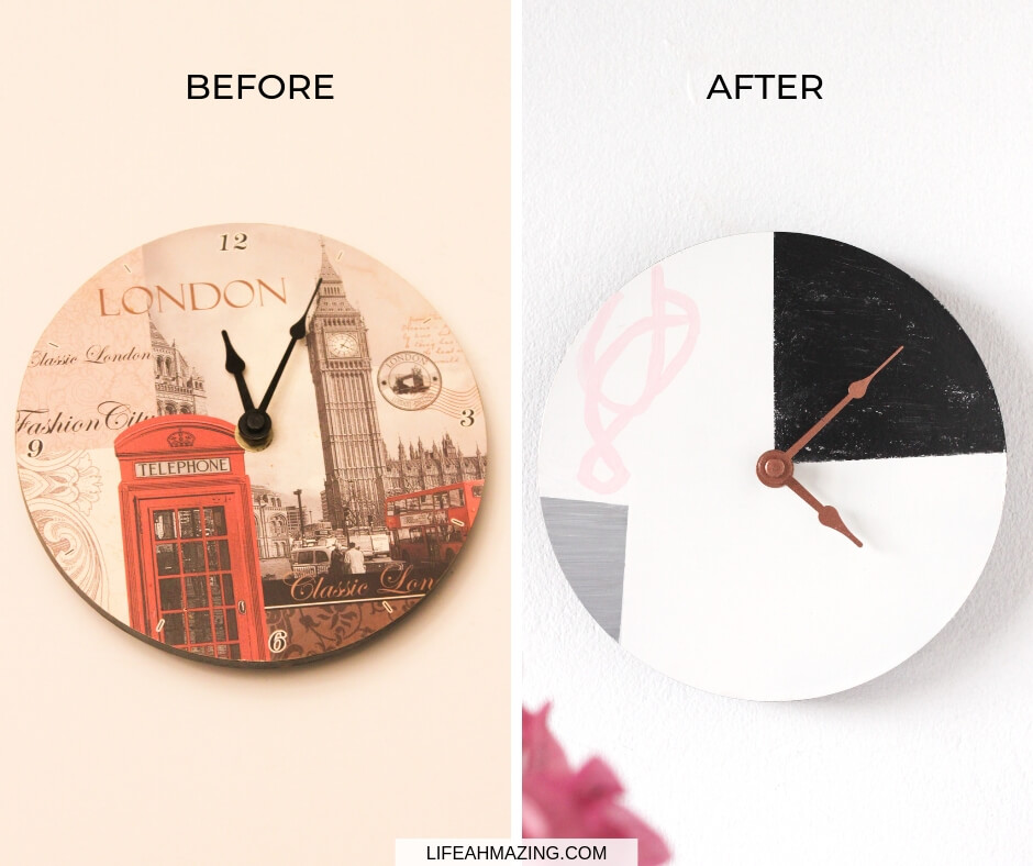 Transform a regular clock into a minimalist piece of wall decor with this easy West Elm inspired DIY Wall Clock tutorial. Get the look without the price tag! #diyhomedecor #westelmknockoff 