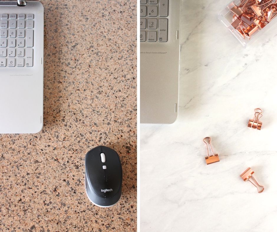 Dark granite desktop transformed to luxe marble top with contact paper