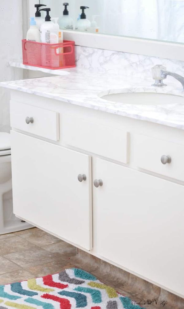Bather counter makeover with marble contact paper