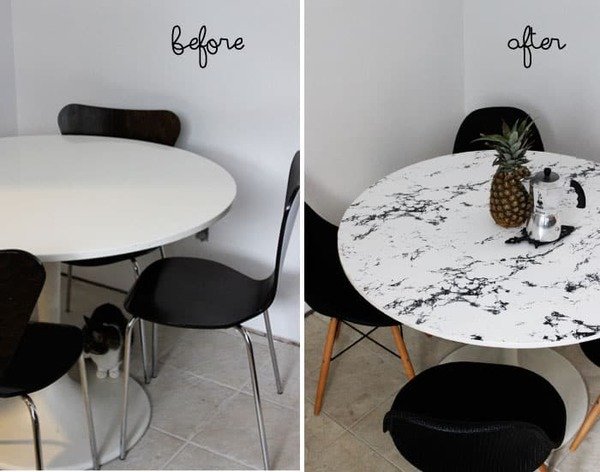 dining table covered with marble contact paper