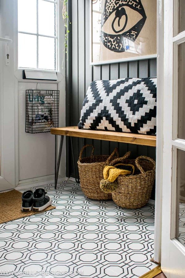 Entryway floor transformed with contact paper