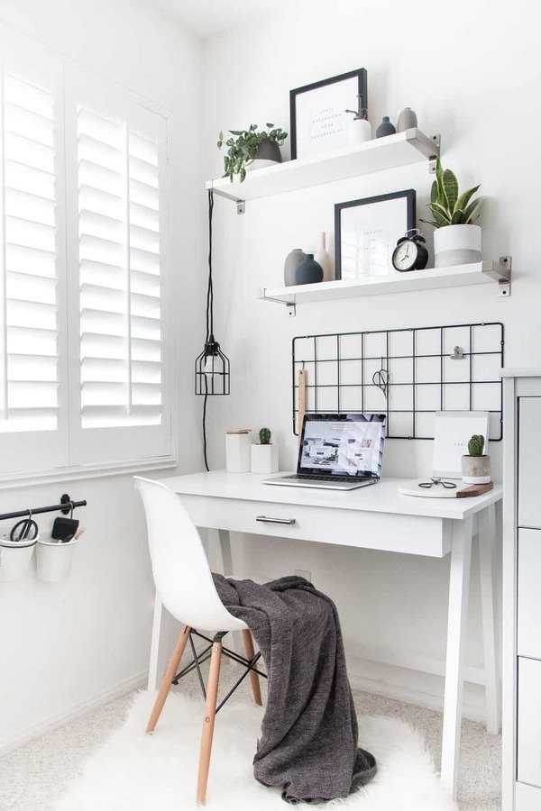 minimalist office with wall grid