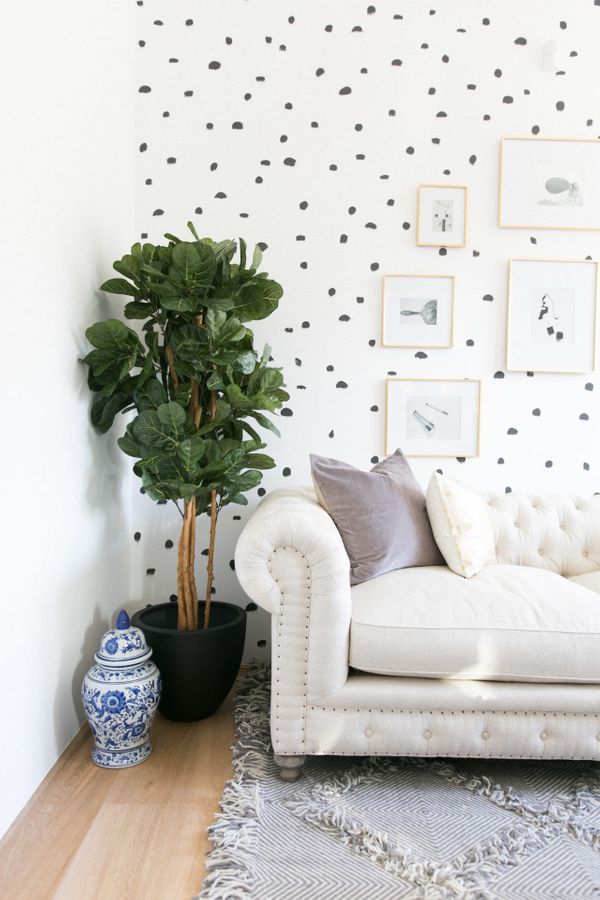 living room with spotted accent wall